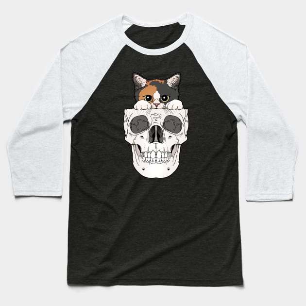 Calico Kitty & Skull Baseball T-Shirt by tiina menzel